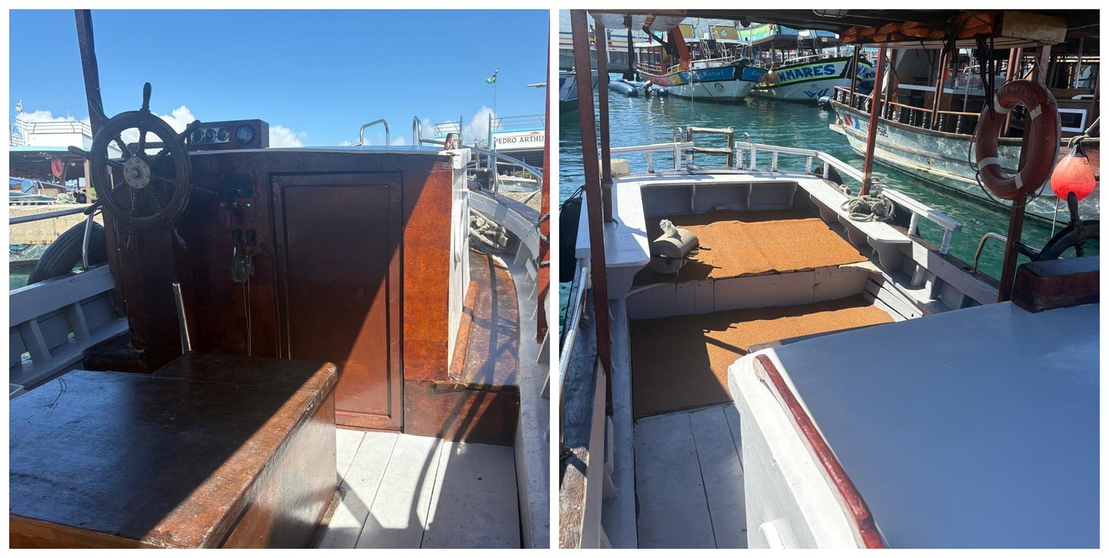 El barco del Massambaba en Arraial do Cabo: timón de madera y la cubierta, en el puerto de Praia dos Anjos