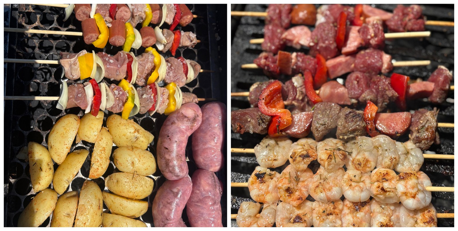 Parrillada a bordo del barco del Massambaba en Arraial do Cabo: pinchos de carne, chorizo, papa y camarón en la parrilla