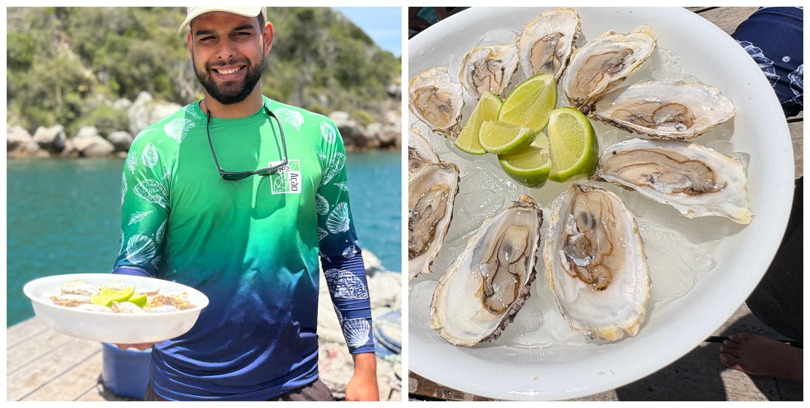 Parada en el cultivo de mejillones y ostras en el paseo en barco en Arraial do Cabo: guía sirviendo ostras frescas con limón